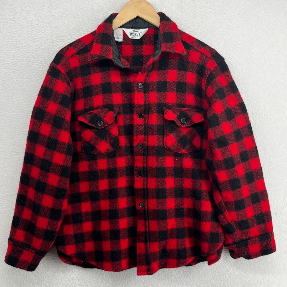 WOOLRICH Shirt Boys XL Heavy Flannel Buffalo Check Shacket Wool Red USA VTG